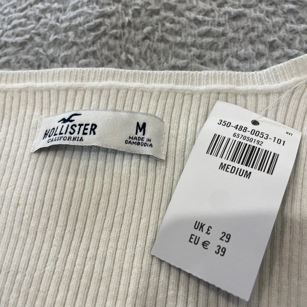 NWT‎ Hollister Pointelle Ribbed Top Womens M White Textured Scoop Neck Tie Front - Picture 2 of 6